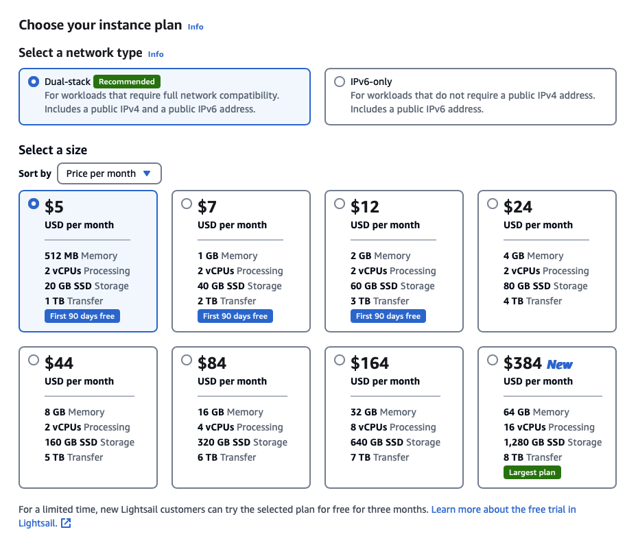 aws lightsail instance price select